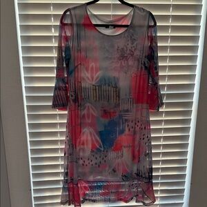 Abstract Sheer Dress with Flared Sleeves